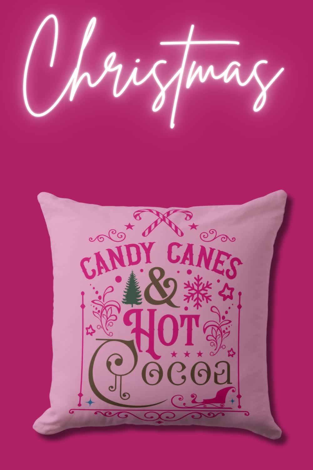 This contains: a pink cushion with the words candy canes and hot tea