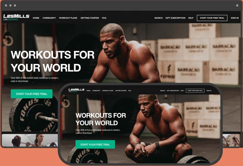 On-demand video app home screen with a title that says Workouts for Your World