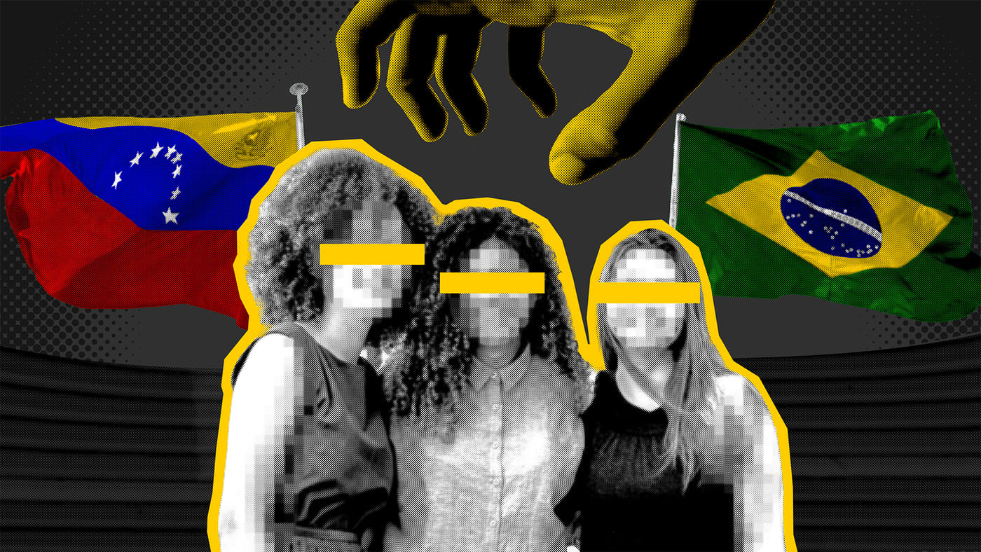 Colagem mostra foto ilustrativa de três meninas que teriam sido sequestradas em Roraima. No lado esquerdo está a bandeira da Venezuela e do lado direito a do Brasil