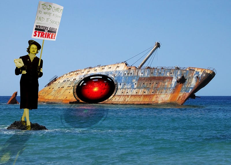 A wrecked, listing, rusting tanker whose side is emblazoned with the menacing red eye of HAL 9000 from Stanley Kubrick’s ‘2001: A Space Odyssey.’ In the foreground, a woman dressed in a natty 1930s skirt-suit holds a WGA picket sign that reads, ‘I asked ChatGPT to write a sign and it SUCKED.’”