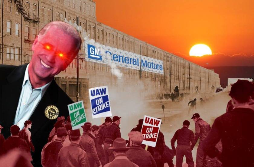 A vintage photo of strikers in front of a factory. The image has been altered to insert a 'Dank Brandon' image of Joe Biden with red laser eyes, a UAW pin on his lapel. He looms over the strikers, who have been altered to carry UAW ON STRIKE signs. A General Motors sign has been inserted onto the factory. A sunrise emerges over the factory building. Image: Fabio Basagni https://commons.wikimedia.org/wiki/File:Sahara_desert_sunrise.jpg CC BY-SA 4.0 https://creativecommons.org/licenses/by-sa/4.0/