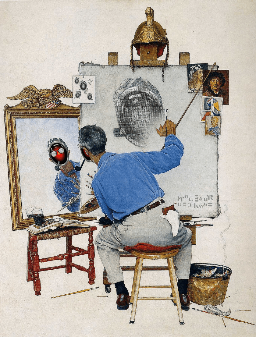 Norman Rockwell’s ‘self portrait.’ All the Rockwell faces have been replaced with HAL 9000 from Kubrick’s ‘2001: A Space Odyssey.’ His signature has been modified with a series of rotations and extra symbols. He has ten fingers on his one visible hand. Image: Cryteria (modified) https://commons.wikimedia.org/wiki/File:HAL9000.svg CC BY 3.0 https://creativecommons.org/licenses/by/3.0/deed.en