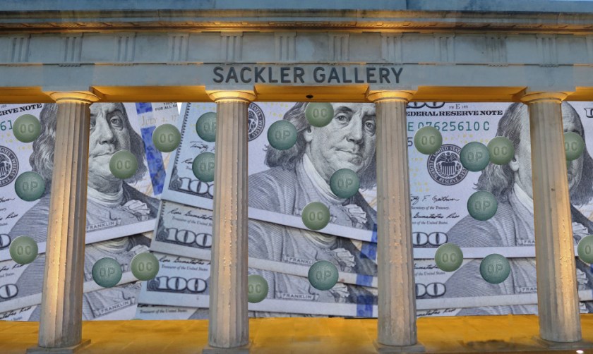 The columnated facade of the Serpentine Sackler Gallery; behind the columns, the front of the gallery has been replaced with a mosaic of $100 bills and Oxycontin pills.