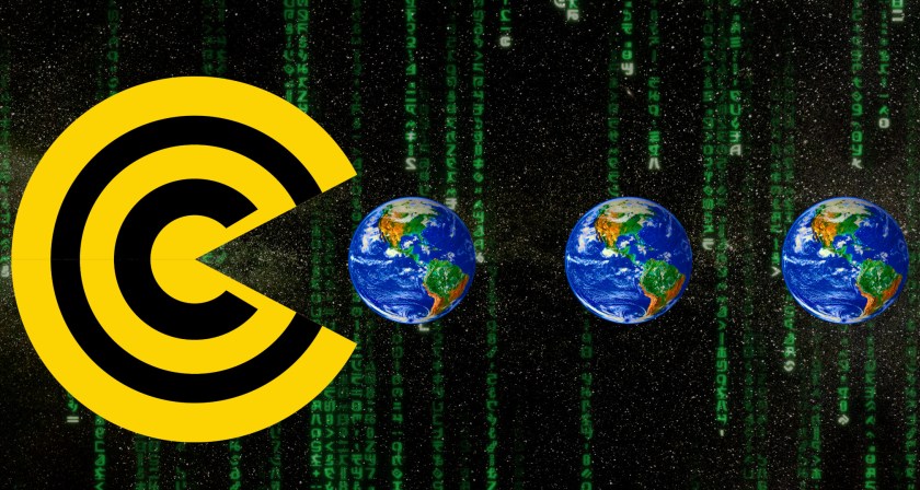 A galactic-scale Pac-Man is eating a row of 'big blue marble' Earths. The Pac-Man has a copyright circle-c in his center. The starry sky behind the scene is intermingled with a 'code rain' effect from the credits of the Wachowskis' 'Matrix' movies.