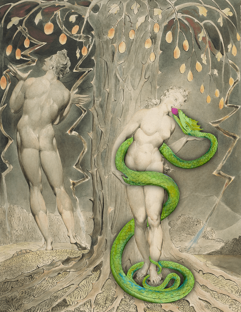 William Blake — The Temptation and Fall of Eve (Illustration to Milton’s “Paradise Lost”) — the snake has been recolored a vivid green and limned in shadow; the fruit has been colored a vivid pink.