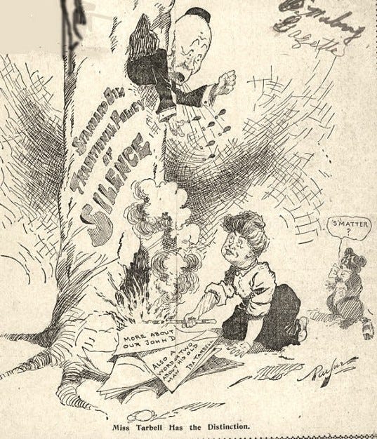 A vintage illustration depicting Ida Tarbell chopping down a tree from which an irate John D Rockefeller shouts at her.