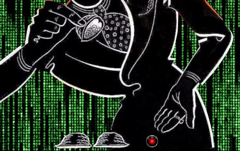 The torso and hands of a zoot-suited con-artist playing a shell game; behind his body is a Matrix-style waterfall of green characters on a black background. The pea in the shell-game is the eye of HAL9000 from 2001. Image: Cryteria (modified) https://commons.wikimedia.org/wiki/File:HAL9000.svg CC BY: https://creativecommons.org/licenses/by/3.0/deed.en