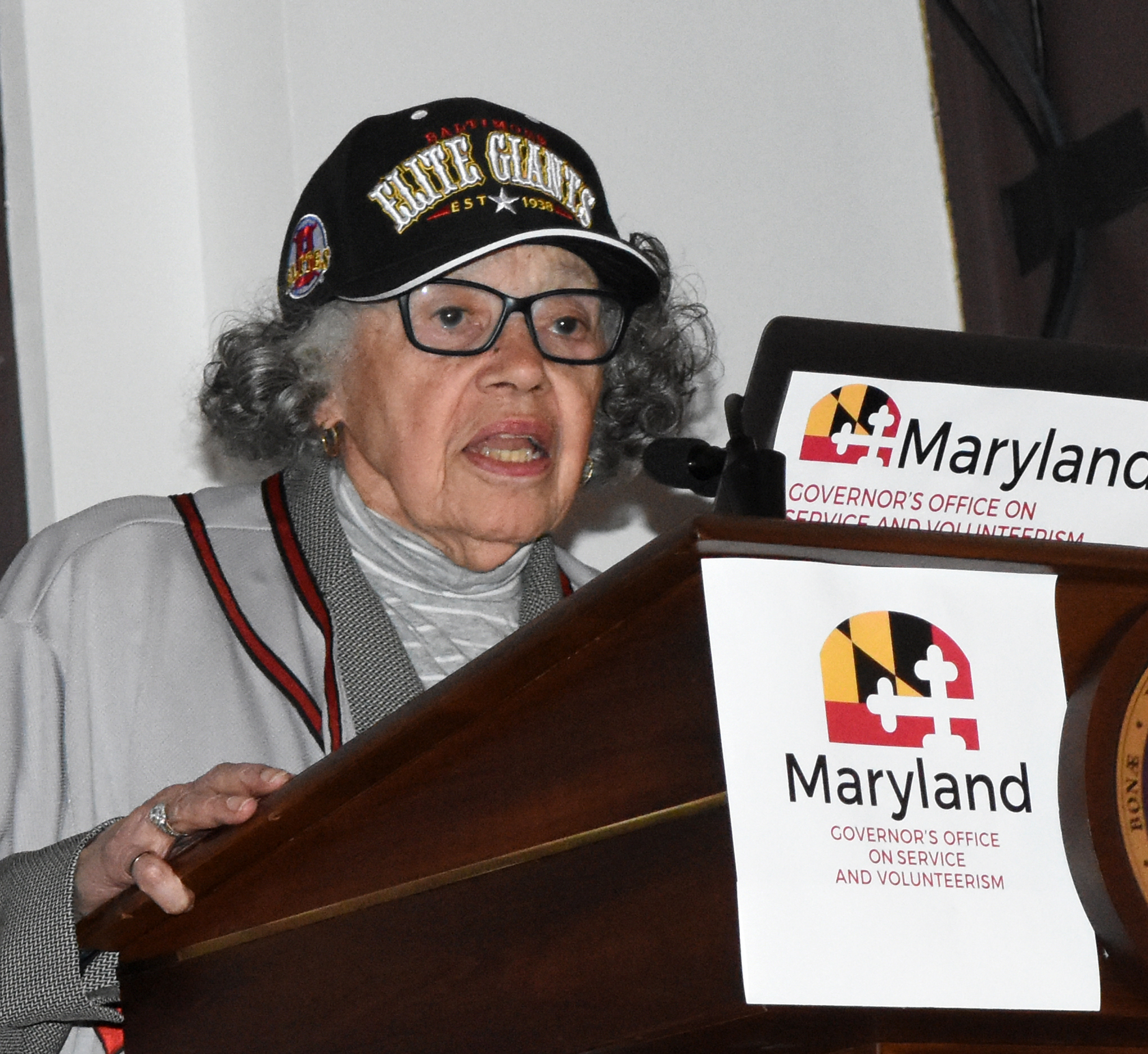 Havre de Grace resident Camay Murphy takes a few moments to speak about the Ernest Burke statue project after she received the Senator Verda Freeman Welcome Legacy Award Feb. 18, 2020 at the Banneker-Douglass Museum in Annapolis. Ms. Murphy was the Chairperson for the Community Projects of Havre de Grace Committee for Ernest Burke Statue.