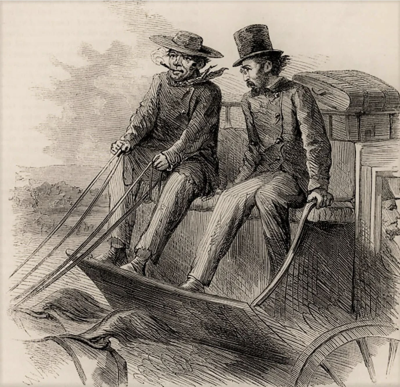 Sketch of cigar-smoking Charley, as depicted by J. Ross Browne, the author-adventurer and federal treasury agent. (Harpers Monthly, 1865, public domain)