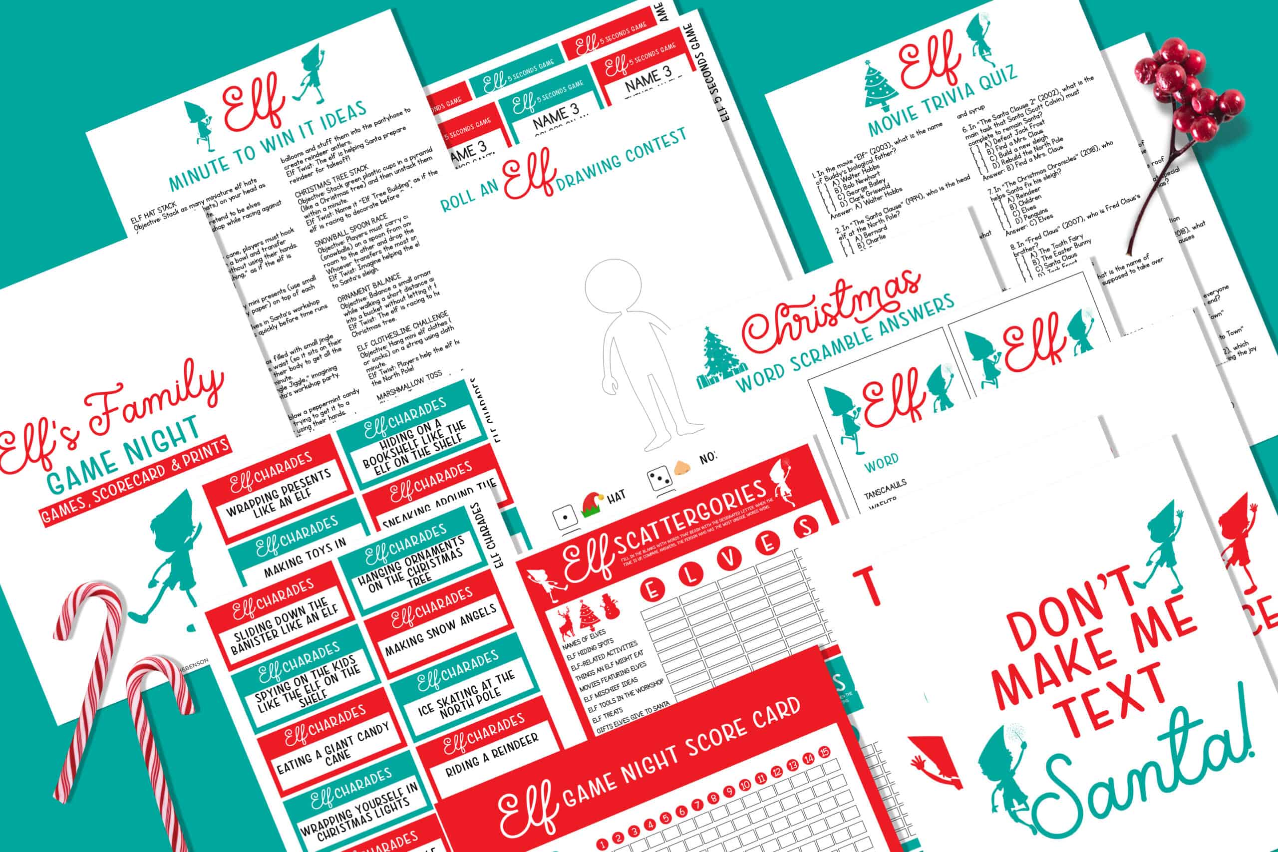 Flat lay of pages from the elf family game night free printable bundle