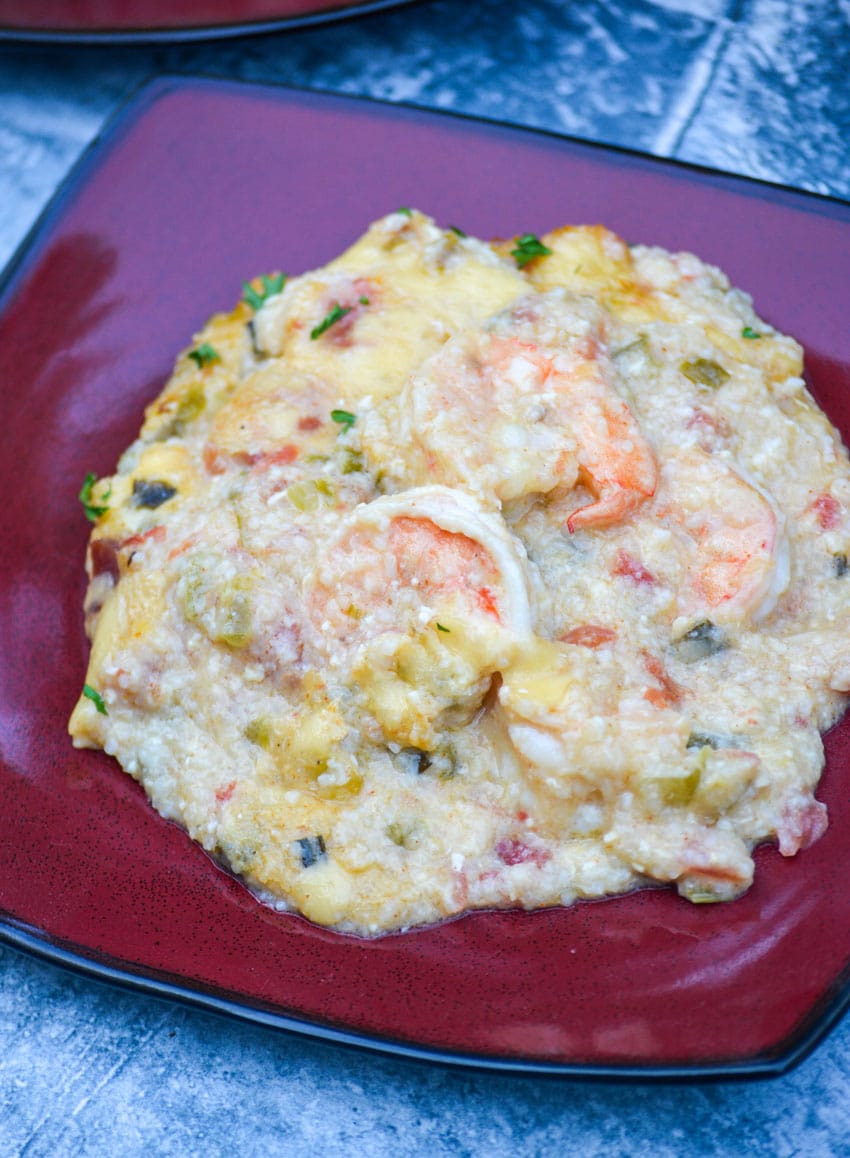 shrimp and grits casserole on a red plate