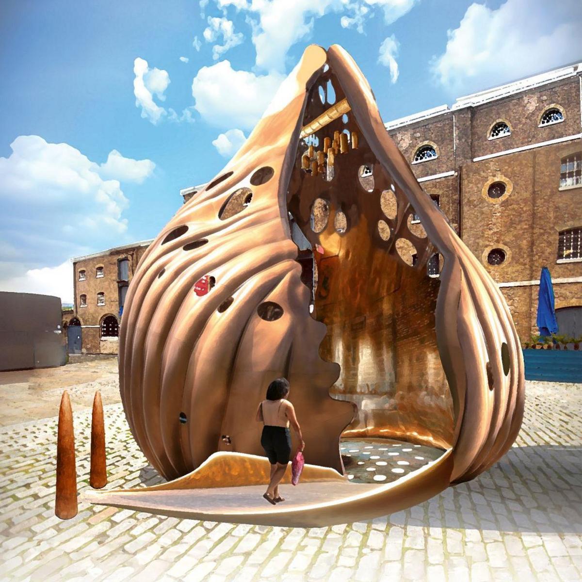 Artist's impression of The Wake - a large bronze shell sculpture with a hollow interior that can be walked inside, with holes in the shell casting light on the ground