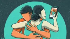ilustração de casal heterossexual, ela olhando o celular