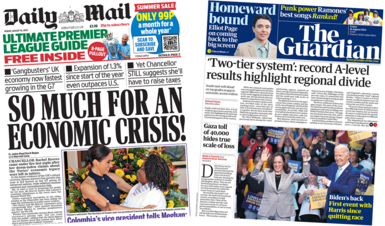 The headline in the Daily Mail reads, "So much for an economic crisis!", while the headline in the Guardian reads, "'Two-tier system': record A-level results highlight regional divide". 