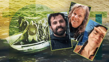 A composite image featuring Sea Story passengers being rescued in a small boat. In the foreground are the smiling portraits of three survivors - Justin, Froydis and Lisa. 