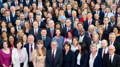 New Labour MPs congregate with PM Sir Keir Starmer, Chancellor Rachel Reeves and deputy PM Angela Rayner, as well as other members of the cabinet after the election win