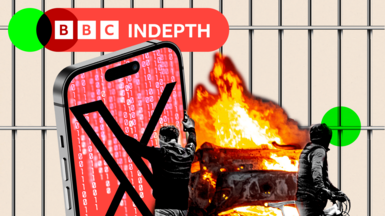 Montage: An iPhone displaying code alongside the 'X' logo, two rioters standing near a burning car, all set against the backdrop of prison bars.