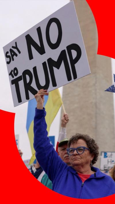 Protester holds up a sign which reads 'Say no to Trump' in front of the Washington monument
