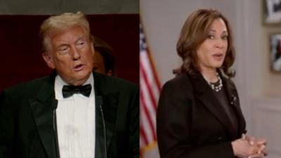 Split screen of Donald Trump and Kamala Harris