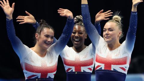 GB celebrate winning the Women’s Tumbling Team Final