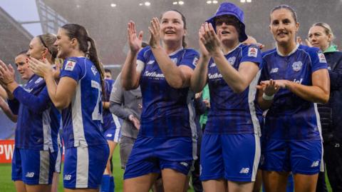 Cardiff City Women celebrate after rounding off last season with a thumping win over Wrexham in April