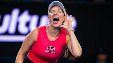 Danielle Collins reacts to the crowd at the Australian Open