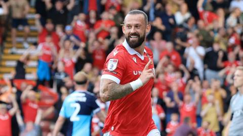 Wrexham striker Steven Fletcher celebrates his goal against Wycombe Wanderers