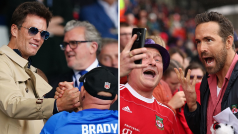 Split image of Tom Brady and Ryan Reynolds meeting Birmingham and Wrexham fans