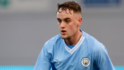 Josh Adam playing for Manchester City in the Uefa Youth League in 2023