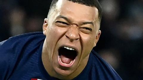 Kylian Mbappe celebrates scoring for Paris St Germain