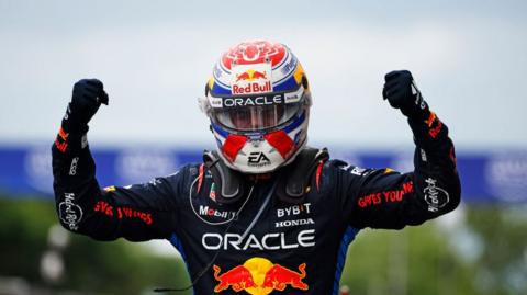 Max Verstappen celebrates winning the Canadian Grand Prix