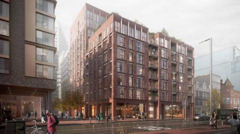 A computer generated image of what the new block of flats might look like. It's a modern-looking redbrick building with floor-to-ceiling windows on each storey. There are columns of balconies and plants can be seen growing on a roof terrace. It's built by a main road with other tower blocks behind and in front of it.