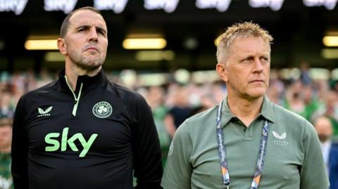 John O'Shea and Heimir Hallgrimsson on the touchline together at the Aviva Stadium