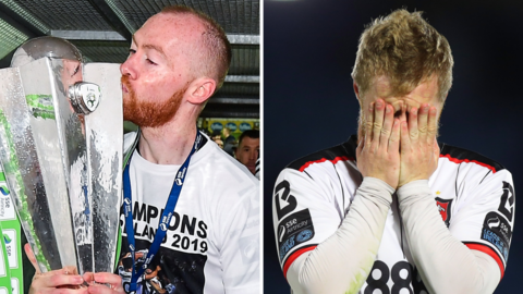 Chris Shields celebrates winning the Premier Division while Daryl Horgan is dejected after a defeat