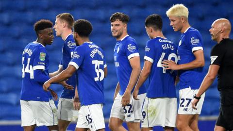 Cardiff players celebrate win over Bristol Rovers