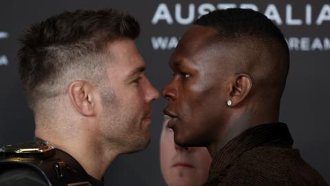 UFC fighters Dricus du Plessis and Israel Adesanya in a face-off