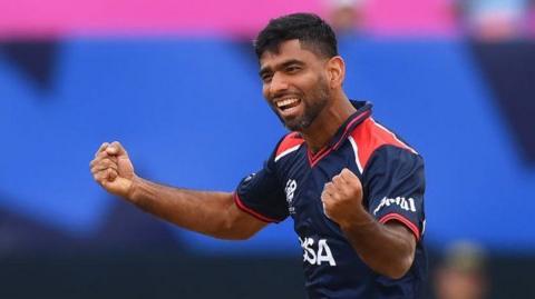 USA bowler Saurabh Netravalkar celebrates taking a wicket