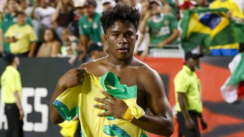 Brazil forward Endrick celebrates after scoring a late winner against Mexico