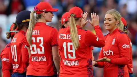 Sarah Glenn celebrates taking a wicket against New Zealand in the fourth T20