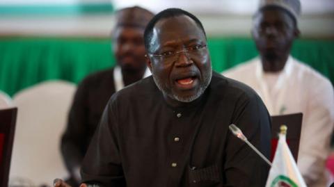 President of Economic Community of West African States Commission (ECOWAS) Omar Touray, delivers a speech during closing session of the ordinary session of Economic Community of West African States (ECOWAS) Heads of State and Government in Abuja, on July 7, 2024.