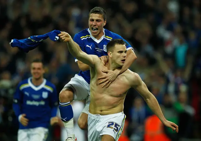 Ben Turner celebrates scoring for Cardiff City against Liverpool in the 2012 League Cup final 