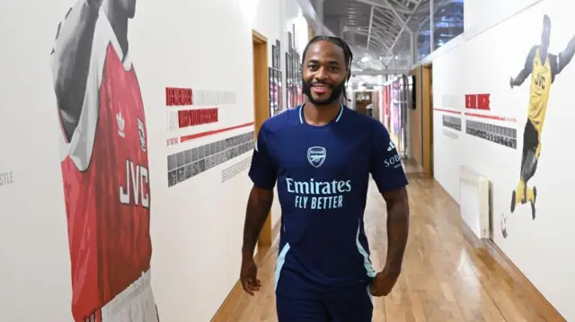 Arsenal unveil new signing Raheem Sterling at Sobha Realty Training Centre on August 30, 2024