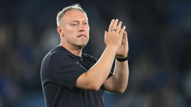 Leicester manager Steve Cooper looks on after during the Premier League match between Leicester City FC and Tottenham Hotspur FC at The King Power Stadium on August 19, 2024