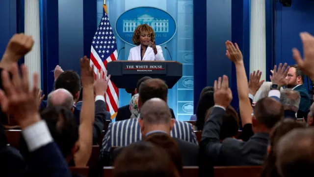 Karine Jean-Pierre answering questions from the White House press corps