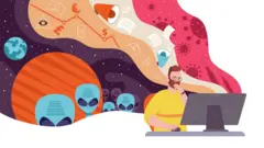 Ilustração de homem preocupado sentado em frente a um computador, com desenho de alienígenas, vírus e vacinas ao fundo