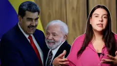 Repórter Julia Braun diante de foto de Lula com Maduro