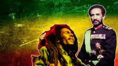 Imagem de Haile Selassie sobre imagem de fundo com Bob Marley