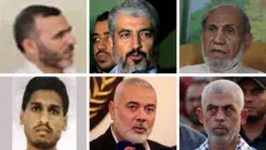 No sentido horário, a partir do canto superior esquerdo: Marwan Issa; Khaled Meshaal; Mahmoud Zahar; Yehiya Sinwar; Ismail Haniyeh; Mohammed Deif
