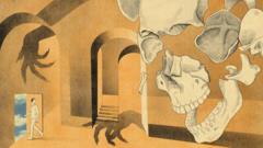 Ilustração representando sonho, com um homem saindo por uma porta que sai no céu, uma caveira despedaçada e sombras de monstros nas paredes
