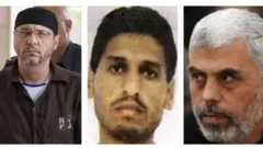 Três principais líderes do Hamas em fotomontagem do rosto deles lado a lado